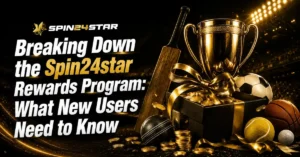 Promotional banner for Spin24star featuring a gold trophy, various sports balls, a cricket bat, and gold coins, alongside the text: "Breaking Down the Spin24star Rewards Program: What New Users Need to Know".