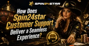 Spin24star banner featuring the Spin24star logo at the top, a western-style female dealer in a luxurioussetting, and the headline "How Does Spin24star Customer Support Deliver a Seamless Experience?" in bold black, white, and gold typography.