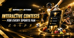 Gold and black banner featuring athletes from cricket, soccer, basketball, tennis, and running, with a phone screen showing "Join Contests," and "Win Rewards," alongside the Spin24Star logo and text "Interactive Contests for Every Sports Fan."