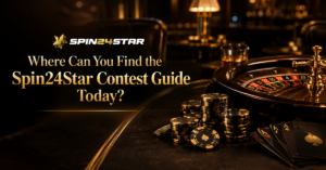 Gold and black gaming-themed banner with a spin wheel, gaming chips, and cards, featuring the Spin24Star logo and text "Where Can You Find the Spin24Star Contest Guide Today?"